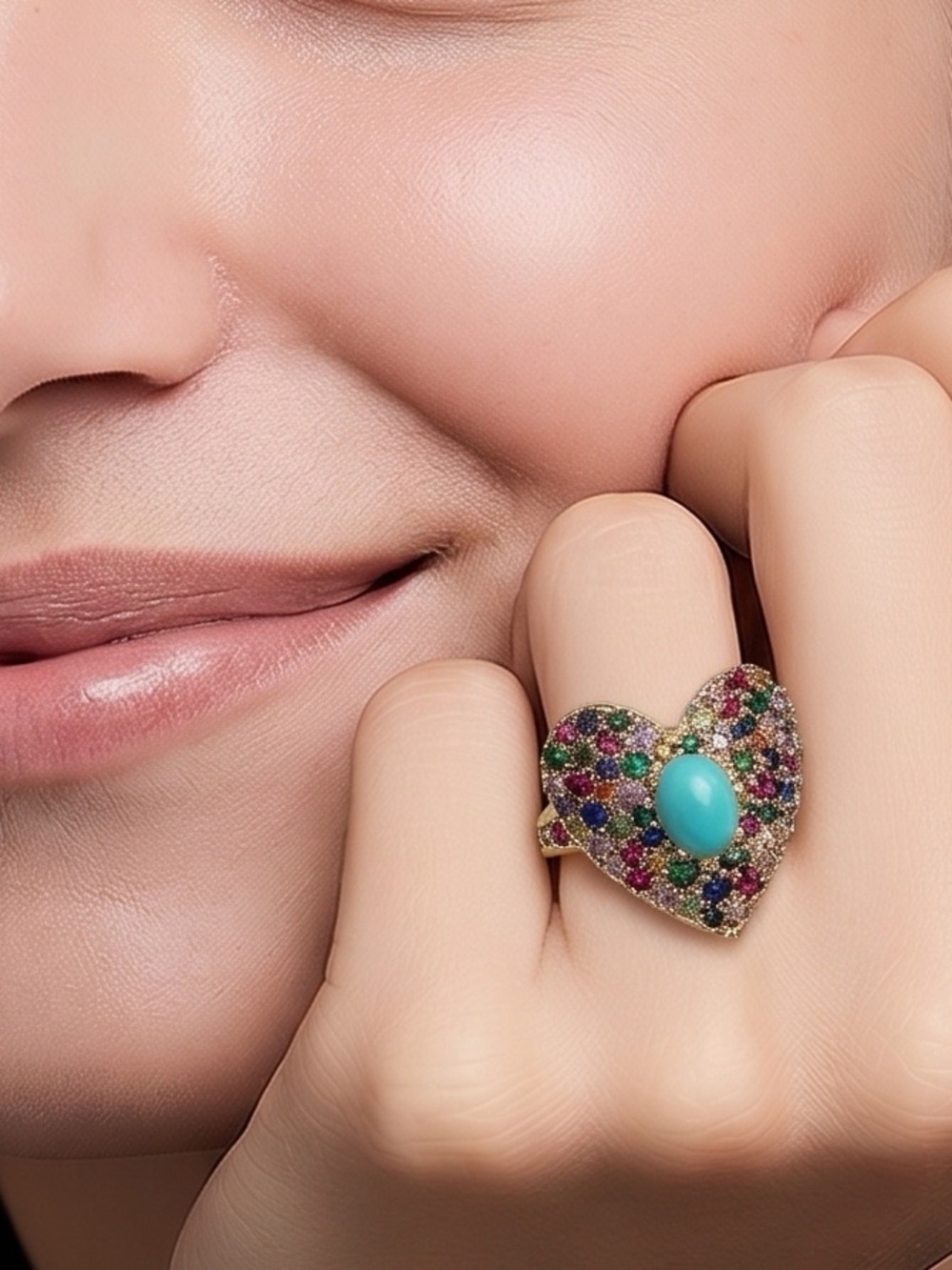 Park Lane Aura Heart Ring Size 8 Gold Tone Multicolor Gem Turquoise Center NWT